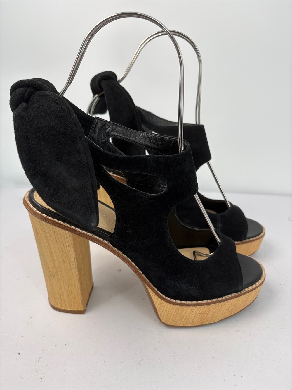 π Very Volatile Black Suede Platform Sandals with Wood Block Heel and Ankle Tie - Picture 4 of 10
